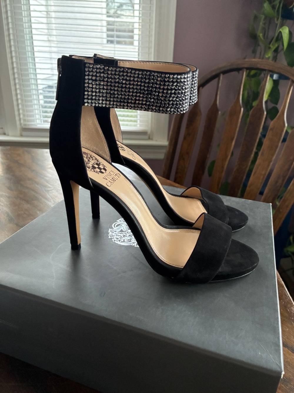Vince Camuto Black Suede Crystal Ankle-Strap Stilettos